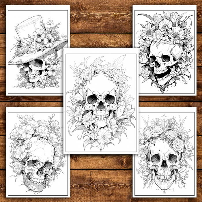 Carte de colorat pentru relaxare si antistres, 50 de ilustratii, Cranii Florale - Volumul II, 106 pagini [4]