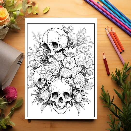 Carte de colorat pentru relaxare si antistres, 50 de ilustratii, Cranii Florale - Volumul II, 106 pagini [3]