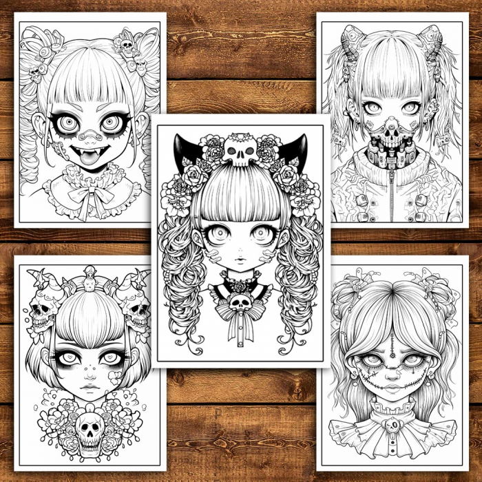 Carte de colorat pentru relaxare si antistres, 50 de ilustratii, Creepy Kawaii Girls, 106 pagini [4]