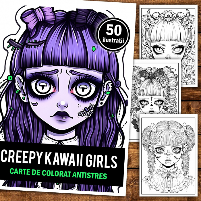 Carte de colorat pentru relaxare si antistres, 50 de ilustratii, Creepy Kawaii Girls, 106 pagini [2]