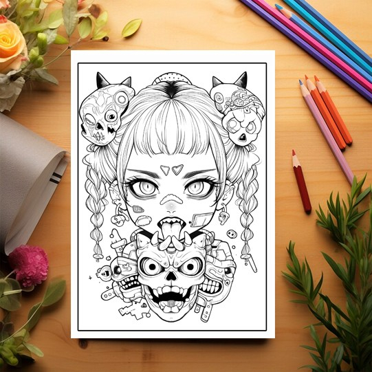 Carte de colorat pentru relaxare si antistres, 50 de ilustratii, Creepy Kawaii Girls, 106 pagini [3]