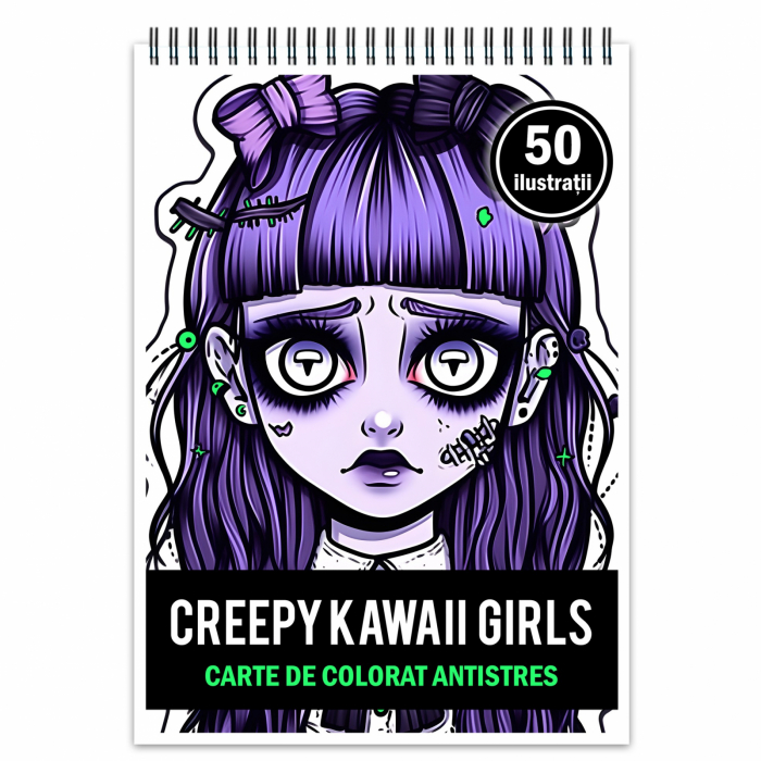 Carte de colorat pentru relaxare si antistres, 50 de ilustratii, Creepy Kawaii Girls, 106 pagini [1]