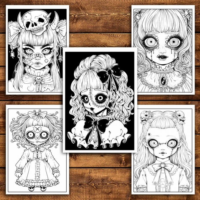 Carte de colorat pentru relaxare si antistres, 50 de ilustratii, Creepy Kawaii Girls, 106 pagini [5]