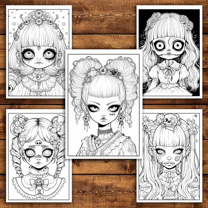 Carte de colorat pentru relaxare si antistres, 50 de ilustratii, Creepy Kawaii Girls, 106 pagini [6]