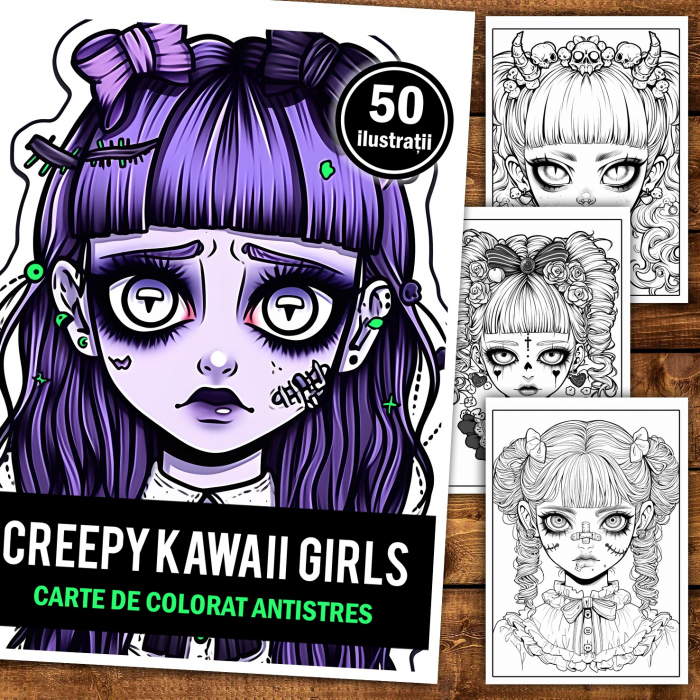 Carte de colorat pentru relaxare si antistres, 50 de ilustratii, Creepy Kawaii Girls, 106 pagini [2]