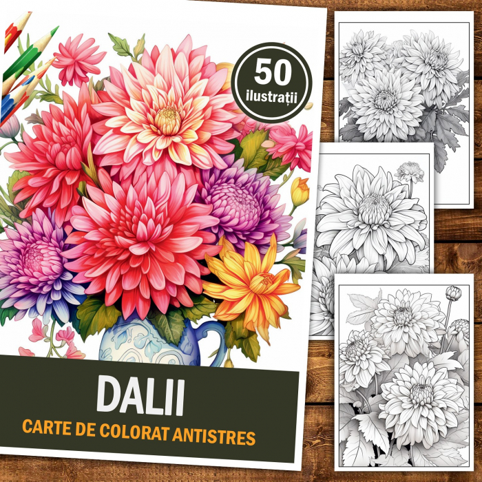 Carte de colorat pentru relaxare si antistres, 50 de ilustratii, Dalii, 106 pagini [2]