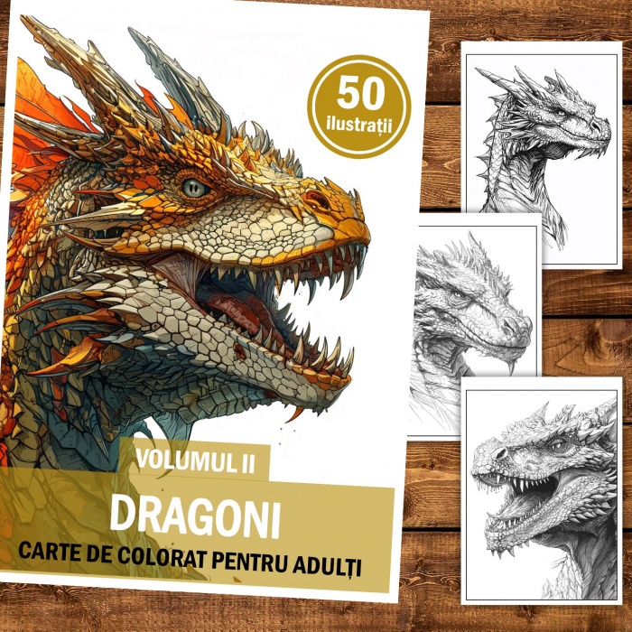 Carte de colorat pentru relaxare si antistres, 50 de ilustratii, Dragoni - Volumul II, 106 pagini [2]
