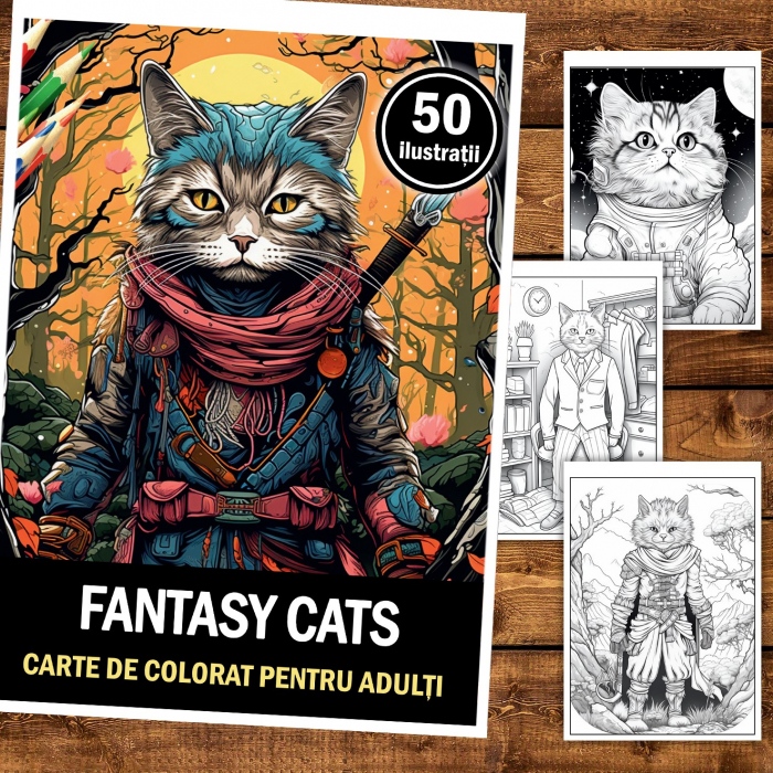Carte de colorat pentru relaxare si antistres, 50 de ilustratii, Fantasy Cats, 106 pagini [2]