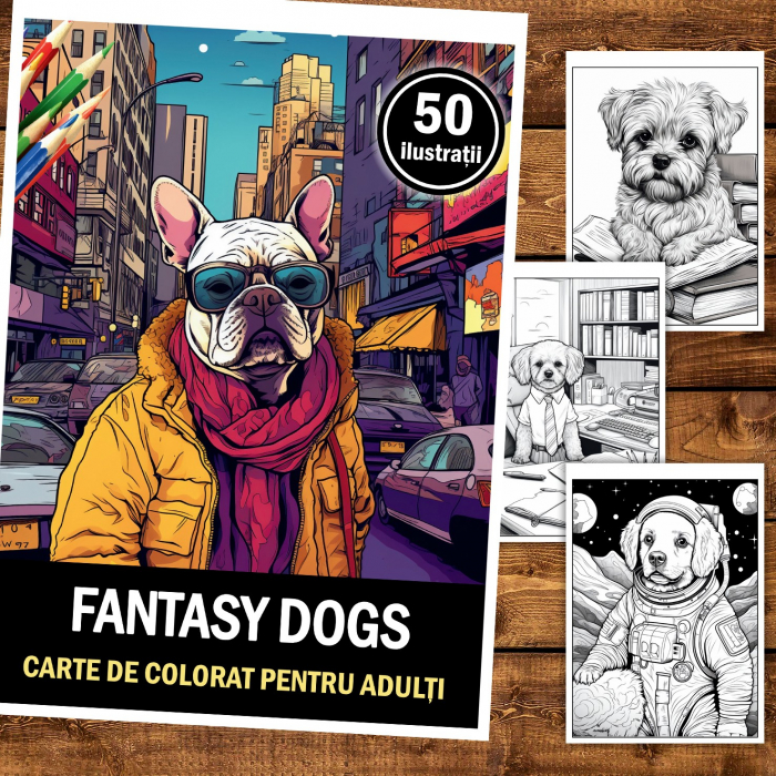 Carte de colorat pentru relaxare si antistres, 50 de ilustratii, Fantasy Dogs, 106 pagini [2]