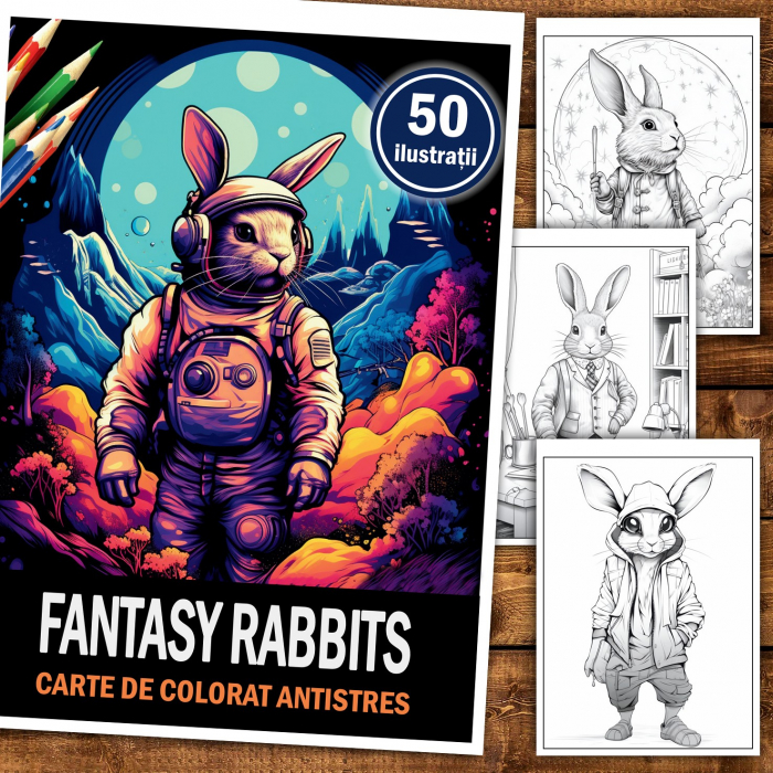 Carte de colorat pentru relaxare si antistres, 50 de ilustratii, Fantasy Rabbits, 106 pagini [2]