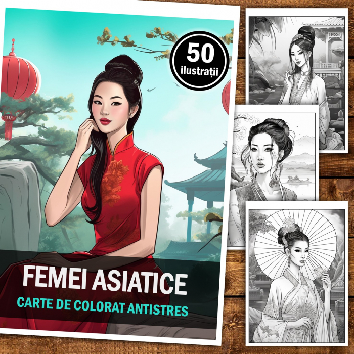 Carte de colorat pentru relaxare si antistres, 50 de ilustratii, Femei Asiatice, 106 pagini [2]
