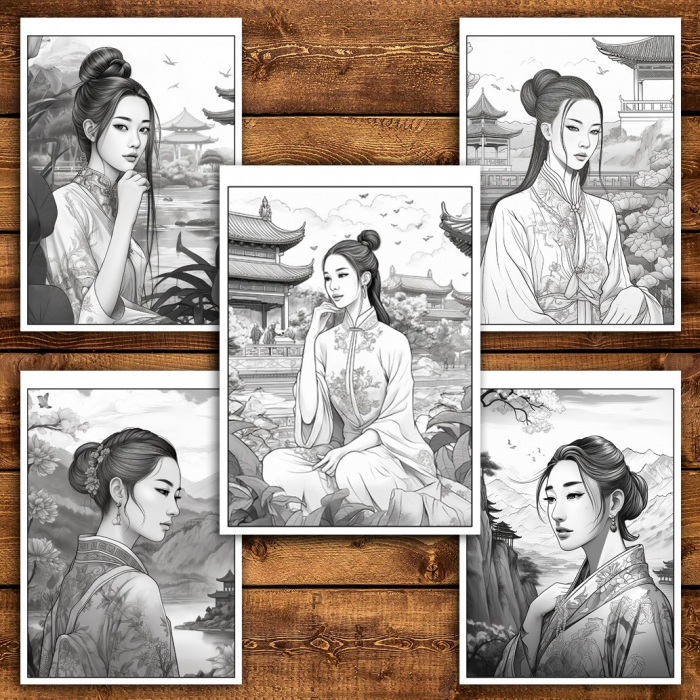Carte de colorat pentru relaxare si antistres, 50 de ilustratii, Femei Asiatice, 106 pagini [4]