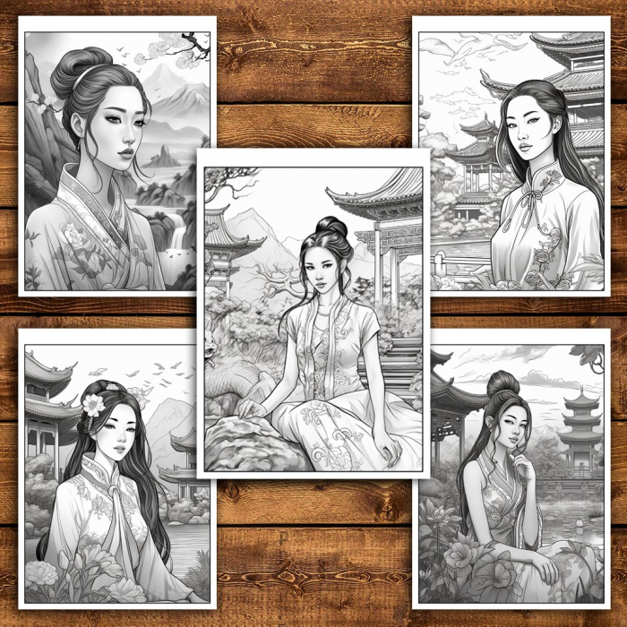 Carte de colorat pentru relaxare si antistres, 50 de ilustratii, Femei Asiatice, 106 pagini [5]