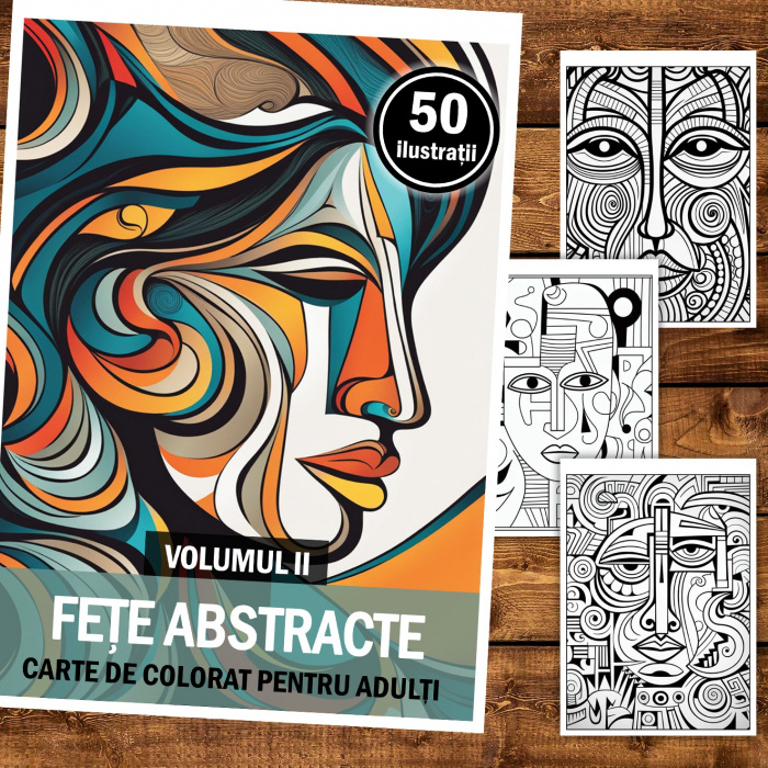 Carte de colorat pentru relaxare si antistres, 50 de ilustratii, Fete abastracte - Volumul II, 106 pagini [2]