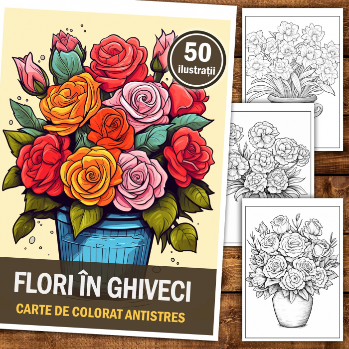 Carte de colorat pentru relaxare si antistres, 50 de ilustratii, Flori in Ghiveci, 106 pagini [2]