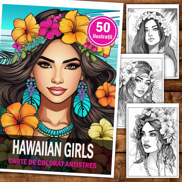 Carte de colorat pentru relaxare si antistres, 50 de ilustratii, Hawaian Girls, 106 pagini [2]