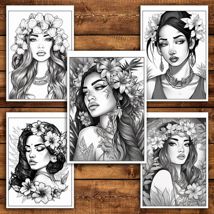 Carte de colorat pentru relaxare si antistres, 50 de ilustratii, Hawaian Girls, 106 pagini [6]