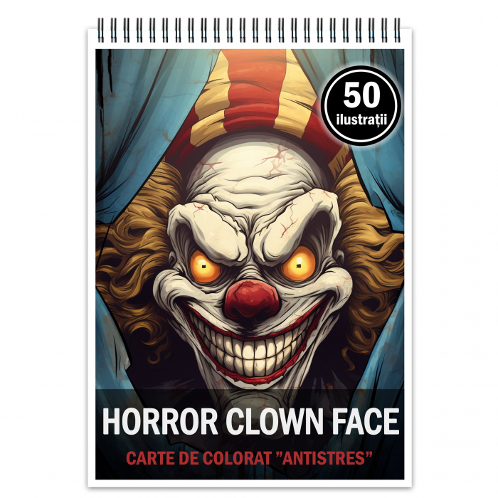Carte de colorat pentru relaxare si antistres, 50 de ilustratii, Horror Clown Face, 106 pagini [1]