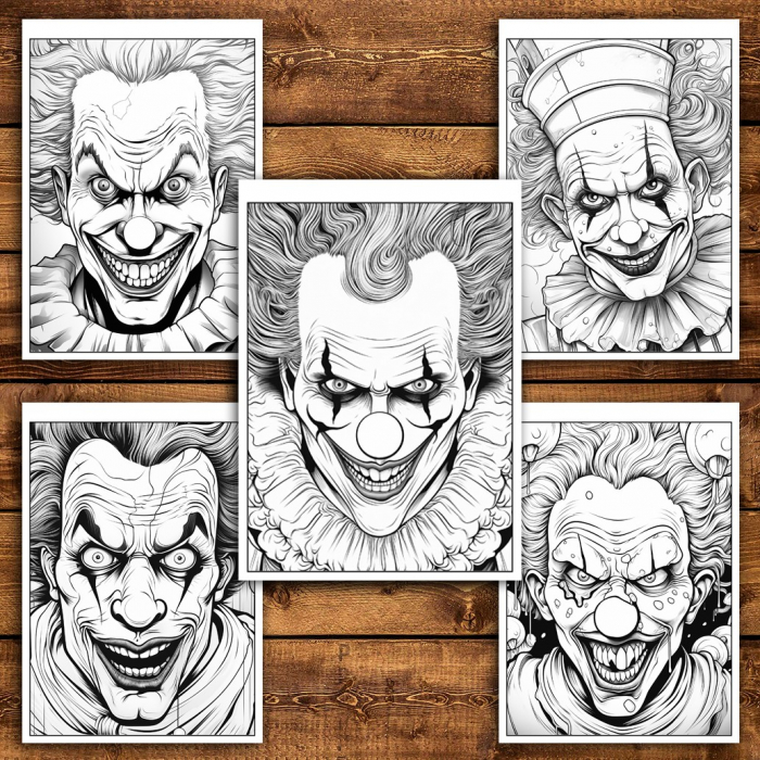 Carte de colorat pentru relaxare si antistres, 50 de ilustratii, Horror Clown Face, 106 pagini [4]