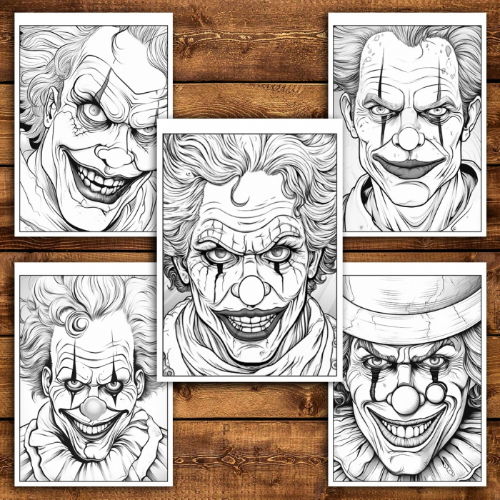 Carte de colorat pentru relaxare si antistres, 50 de ilustratii, Horror Clown Face, 106 pagini [6]