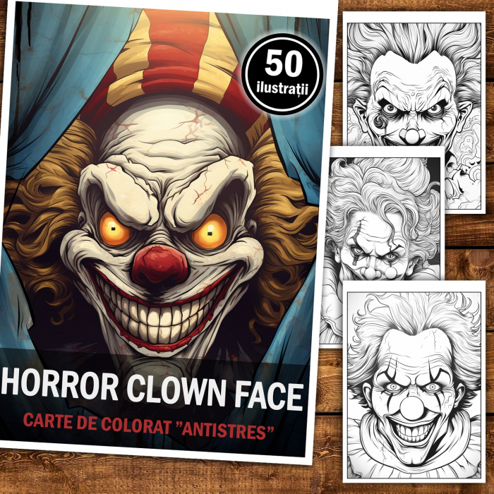 Carte de colorat pentru relaxare si antistres, 50 de ilustratii, Horror Clown Face, 106 pagini [2]