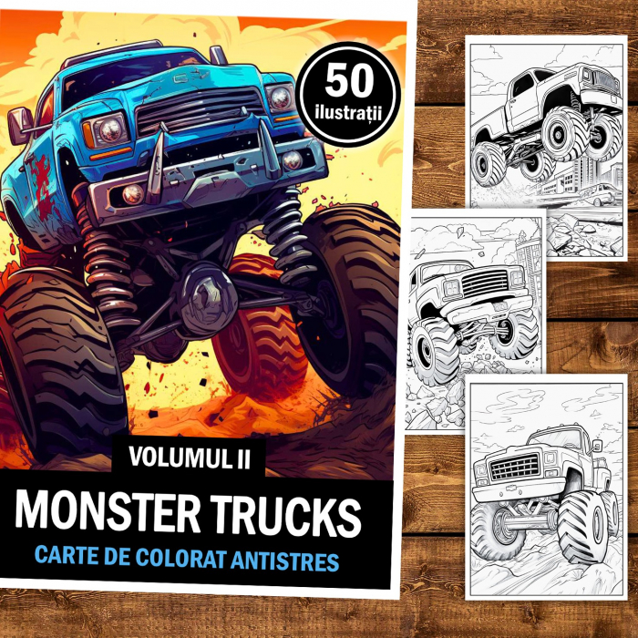 Carte de colorat pentru relaxare si antistres, 50 de ilustratii, Monster Trucks - Volumul II, 106 pagini [2]