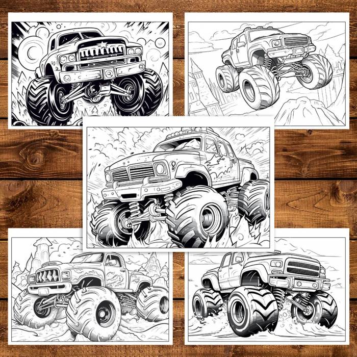 Carte de colorat pentru relaxare si antistres, 50 de ilustratii, Monster Trucks - Volumul IV, 106 pagini [6]