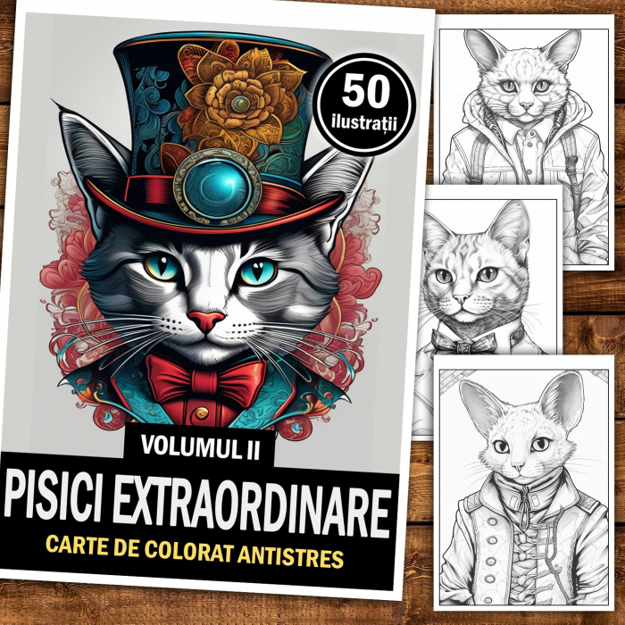 Carte de colorat pentru relaxare si antistres, 50 de ilustratii, Pisici Extraordinare - Volumul II, 106 pagini [2]