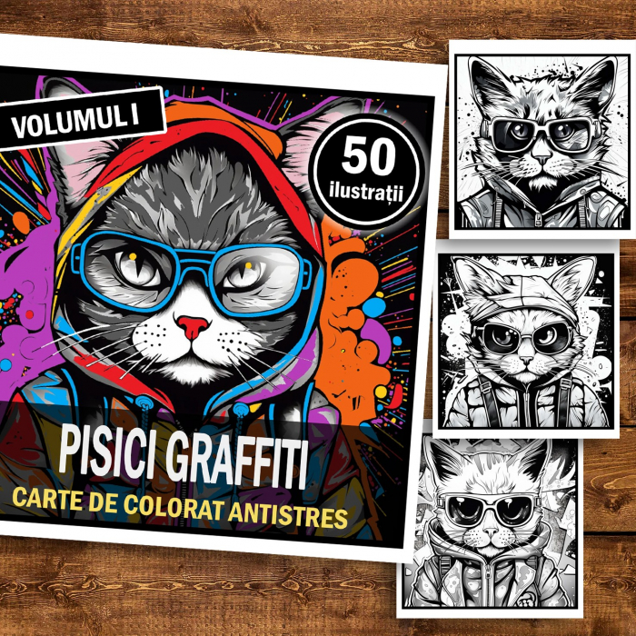 Carte de colorat pentru relaxare si antistres, 50 de ilustratii, Pisici Graffiti - Volumul I, 106 pagini [2]