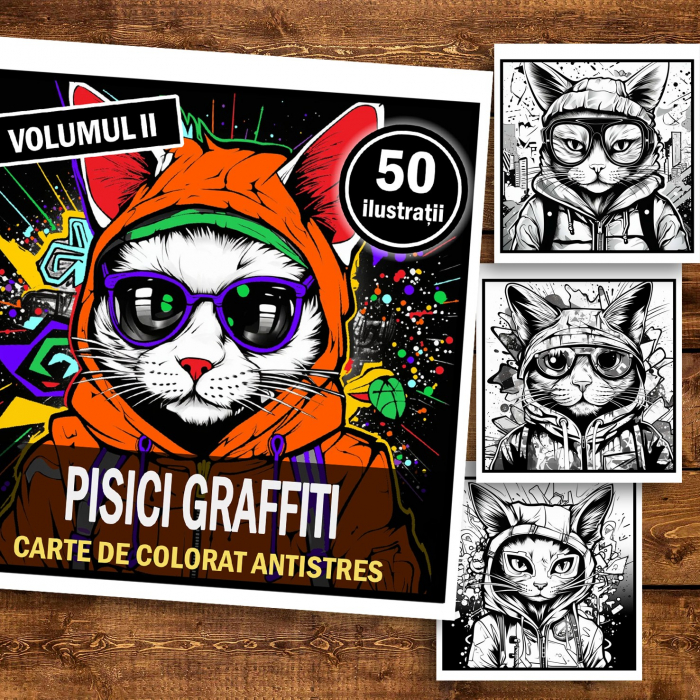 Carte de colorat pentru relaxare si antistres, 50 de ilustratii, Pisici Graffiti - Volumul II, 106 pagini [2]