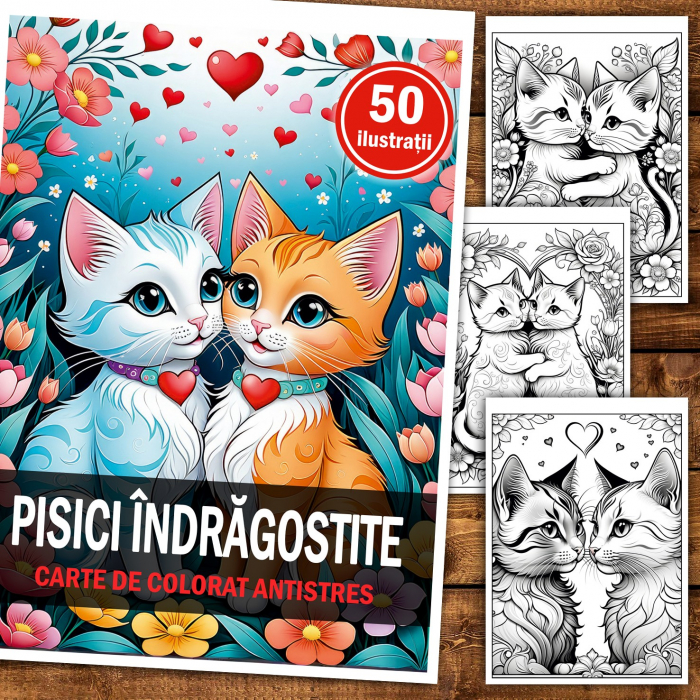 Carte de colorat pentru relaxare si antistres, 50 de ilustratii, Pisici Indragostite, 106 pagini [2]