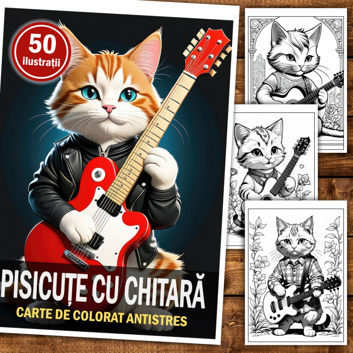 Carte de colorat pentru relaxare si antistres, 50 de ilustratii, Pisicute cu Chitara, 106 pagini [2]
