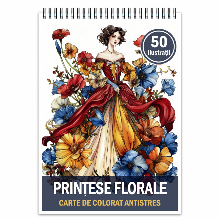 Carte de colorat pentru relaxare si antistres, 50 de ilustratii, Printese Florale, 106 pagini [1]