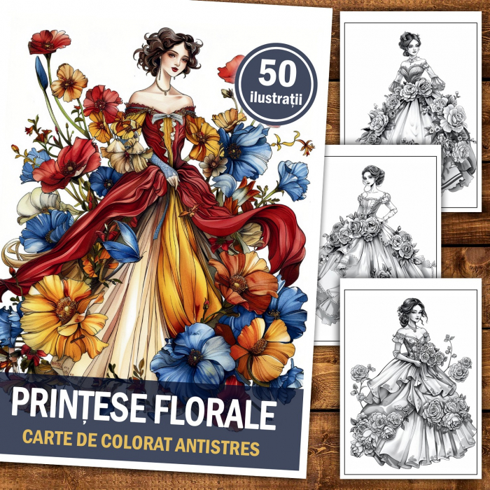 Carte de colorat pentru relaxare si antistres, 50 de ilustratii, Printese Florale, 106 pagini [2]
