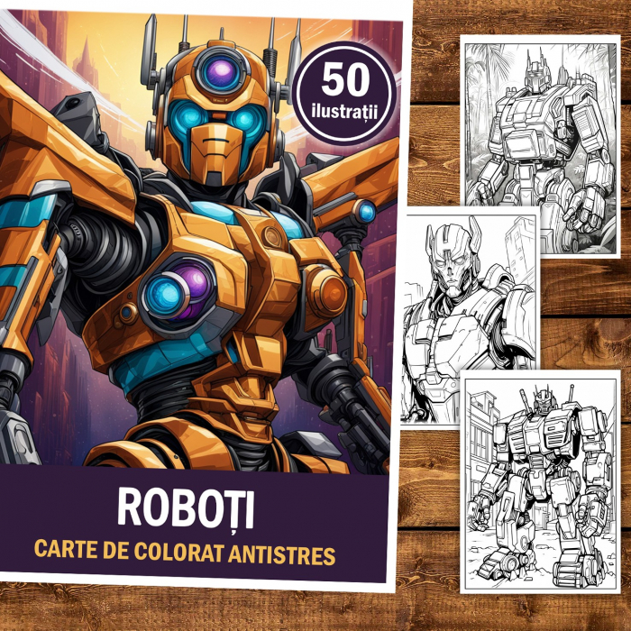 Carte de colorat pentru relaxare si antistres, 50 de ilustratii, Roboti, 106 pagini [2]
