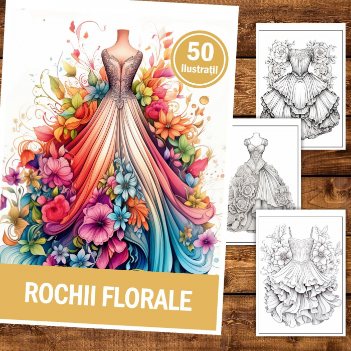 Carte de colorat pentru relaxare si antistres, 50 de ilustratii, Rochii florale, 106 pagini [2]