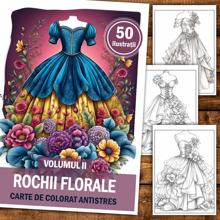 Carte de colorat pentru relaxare si antistres, 50 de ilustratii, Rochii Florale - Volumul II, 106 pagini [2]