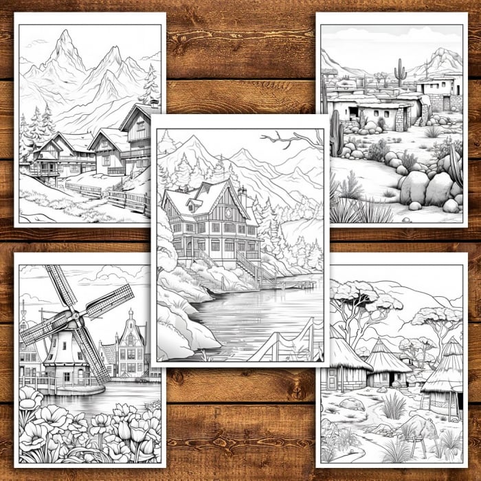 Carte de colorat pentru relaxare si antistres, 50 de ilustratii, Sate din jurul lumii, 106 pagini [6]