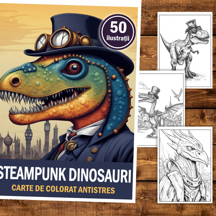 Carte de colorat pentru relaxare si antistres, 50 de ilustratii, Steampunk Dinosaurs, 106 pagini [1]