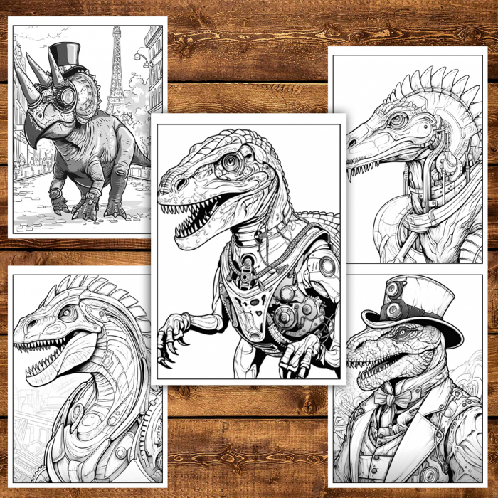 Carte de colorat pentru relaxare si antistres, 50 de ilustratii, Steampunk Dinosaurs, 106 pagini [4]