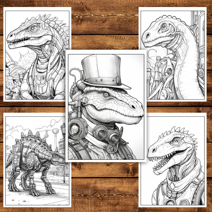 Carte de colorat pentru relaxare si antistres, 50 de ilustratii, Steampunk Dinosaurs, 106 pagini [5]
