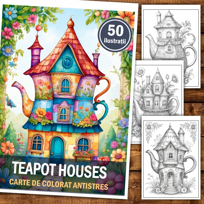 Carte de colorat pentru relaxare si antistres, 50 de ilustratii, Teapot Houses, 106 pagini [2]