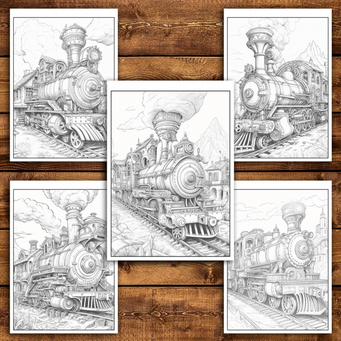 Carte de colorat pentru relaxare si antistres, 50 de ilustratii, Trenuri Steampunk, 106 pagini [4]