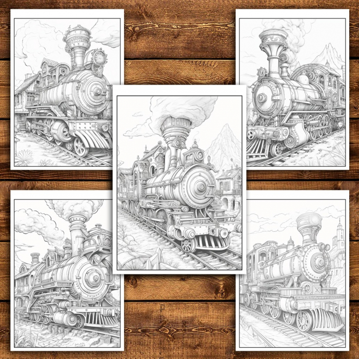 Carte de colorat pentru relaxare si antistres, 50 de ilustratii, Trenuri Steampunk, 106 pagini [4]