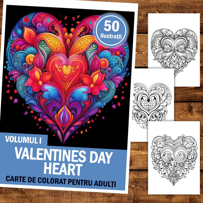 Carte de colorat pentru relaxare si antistres, 50 de ilustratii, Valentines Day Heart - Volumul I, 106 pagini [2]