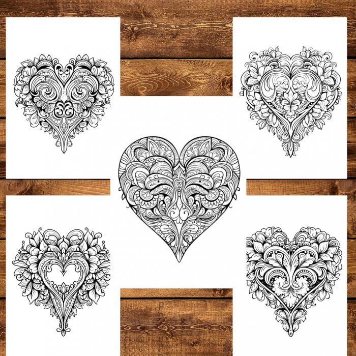 Carte de colorat pentru relaxare si antistres, 50 de ilustratii, Valentines Day Heart - Volumul I, 106 pagini [5]