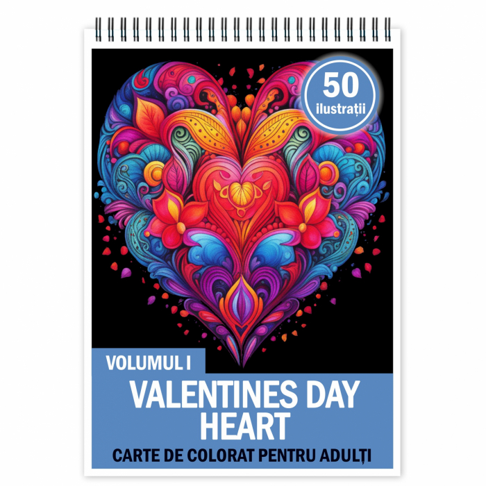 Carte de colorat pentru relaxare si antistres, 50 de ilustratii, Valentines Day Heart - Volumul I, 106 pagini [1]