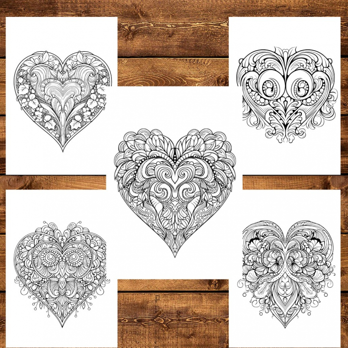 Carte de colorat pentru relaxare si antistres, 50 de ilustratii, Valentines Day Heart - Volumul I, 106 pagini [4]