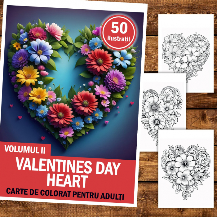 Carte de colorat pentru relaxare si antistres, 50 de ilustratii, Valentines Day Heart - Volumul II, 106 pagini [2]
