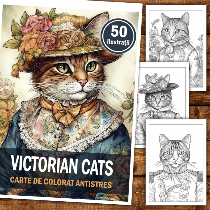 Carte de colorat pentru relaxare si antistres, 50 de ilustratii, Victorian Cats, 106 pagini [2]